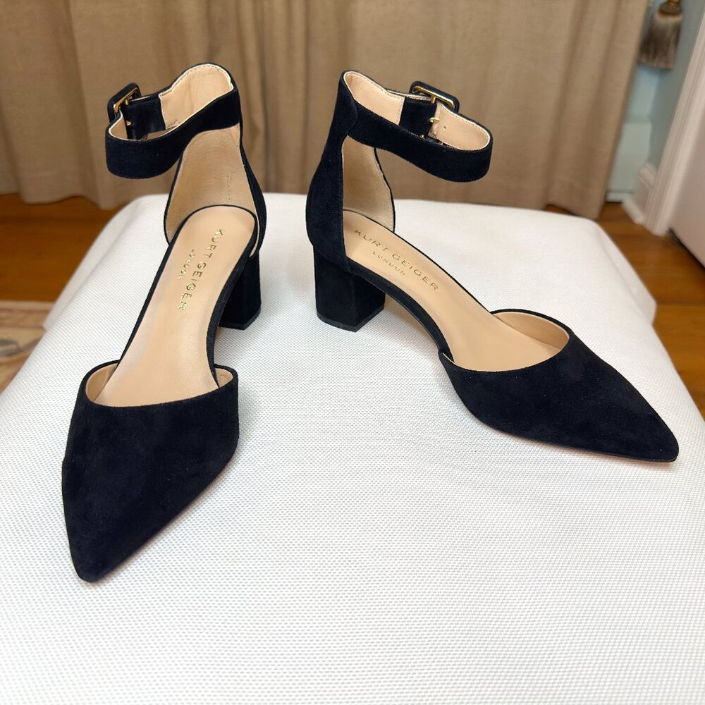 Kurt Geiger Black Suede pointy toe, ankle strap, block heel pump, Size 8